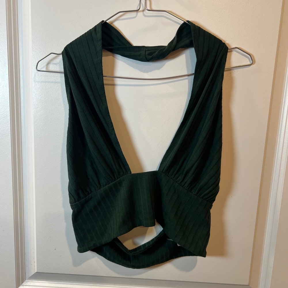 Callahan Women Halter Top Ribbed Knit Deep V-Neck Green Size M